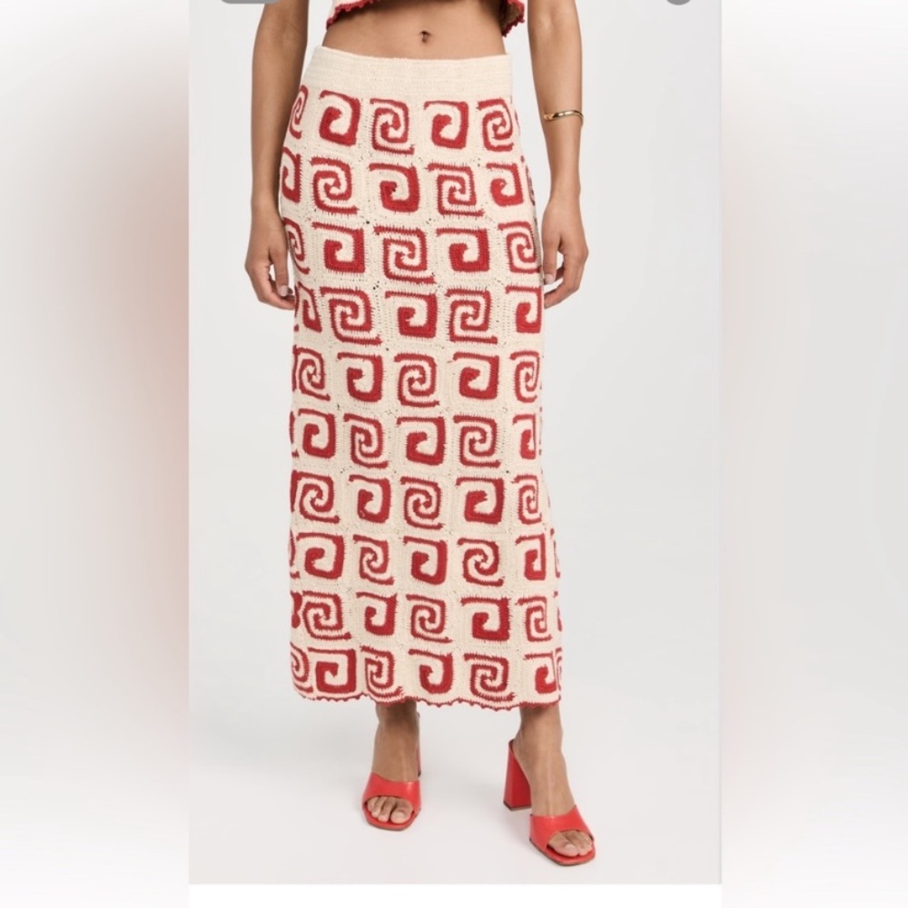 RHODE Ana Red and Cream Geometric Knit Crochet Maxi Skirt